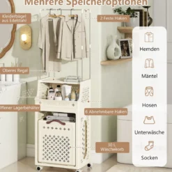 Rollbarer Wäschekorb mit Kleiderbügel mehrschichtiger faltbarer Kunststoff-Wäschebehälter Beige
