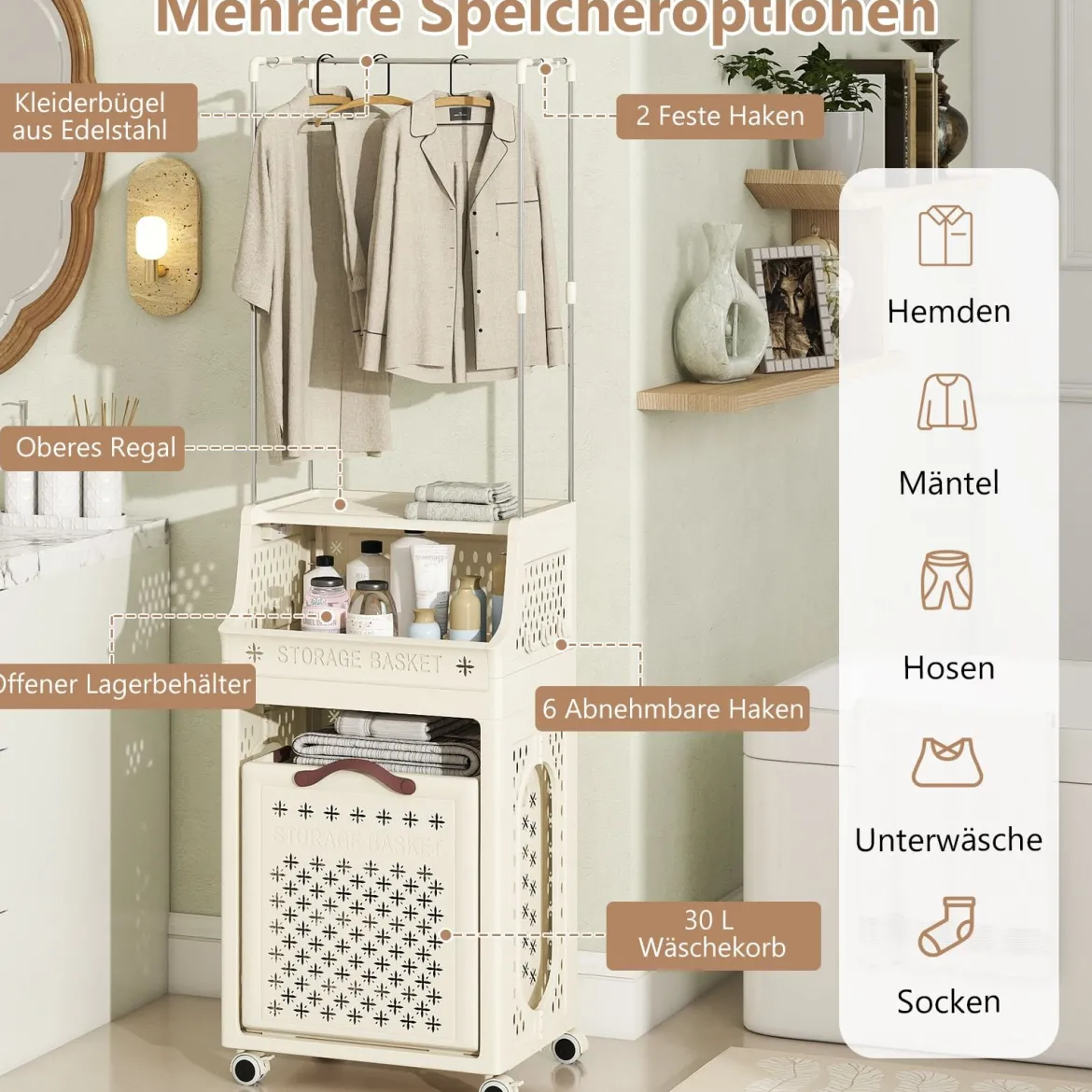Rollbarer Wäschekorb mit Kleiderbügel mehrschichtiger faltbarer Kunststoff-Wäschebehälter Beige