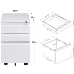 Rollcontainer abschließbarer Büroschrank Aktenschrank mit Kippschutz Bürocontainer mit 3 Schubladen Weiß