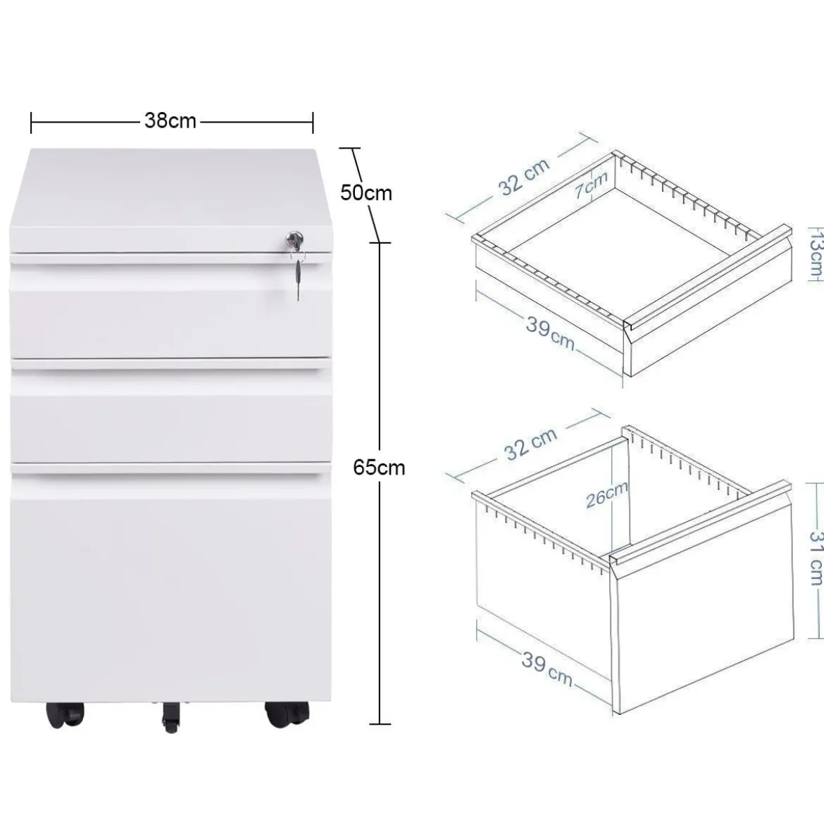 Rollcontainer abschließbarer Büroschrank Aktenschrank mit Kippschutz Bürocontainer mit 3 Schubladen Weiß
