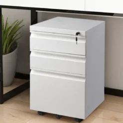 Rollcontainer abschließbarer Büroschrank Aktenschrank mit Kippschutz Bürocontainer mit 3 Schubladen Weiß