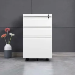 Rollcontainer abschließbarer Büroschrank Aktenschrank mit Kippschutz Bürocontainer mit 3 Schubladen Weiß