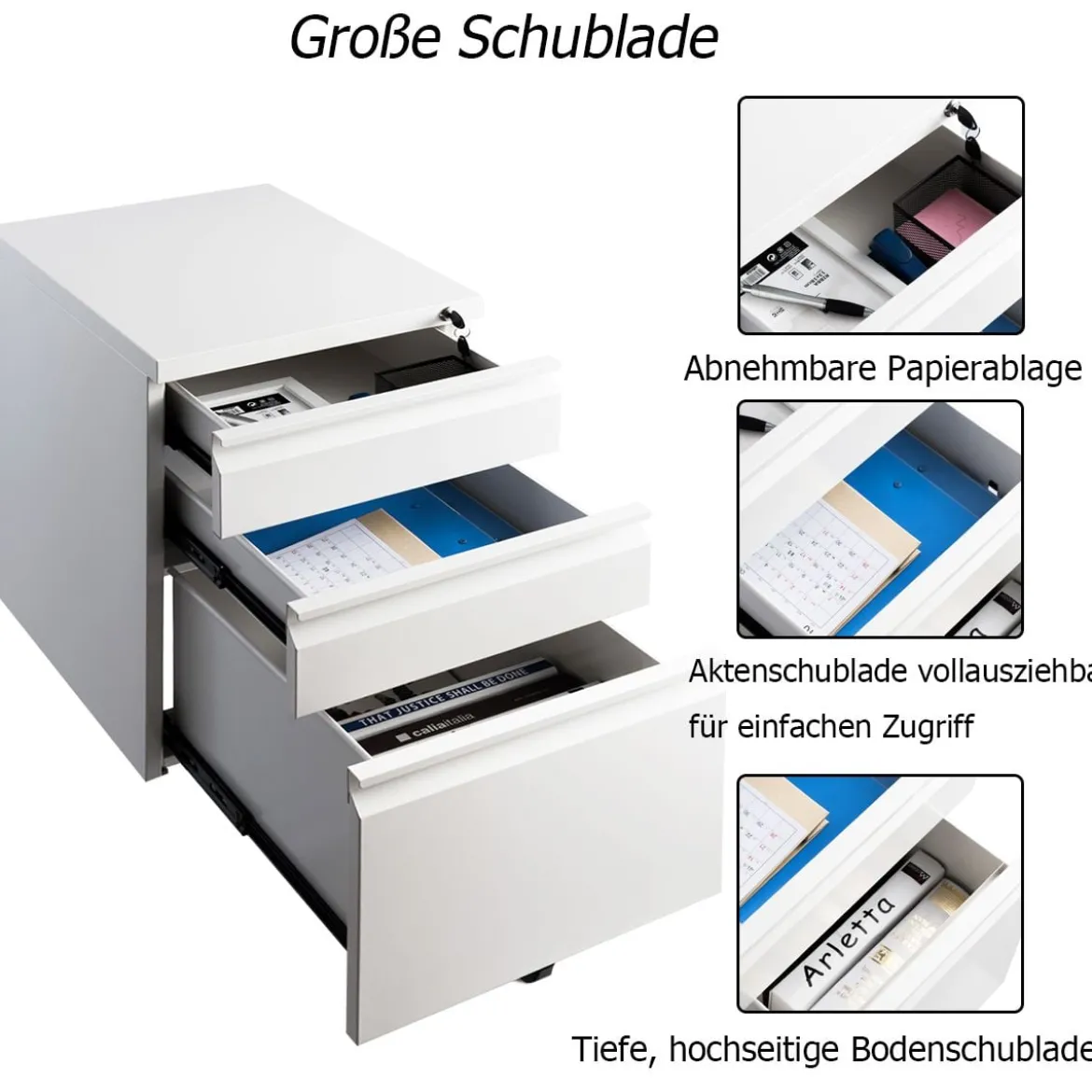 Rollcontainer abschließbarer Büroschrank Aktenschrank mit Kippschutz Bürocontainer mit 3 Schubladen Weiß