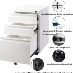 Rollcontainer abschließbarer Büroschrank Aktenschrank mit Kippschutz Bürocontainer mit 3 Schubladen Weiß