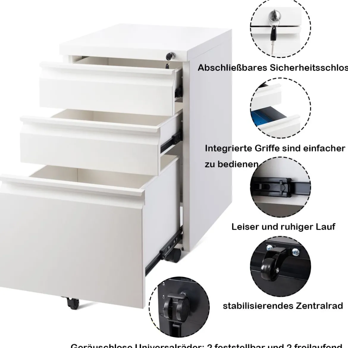 Rollcontainer abschließbarer Büroschrank Aktenschrank mit Kippschutz Bürocontainer mit 3 Schubladen Weiß
