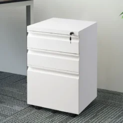 Rollcontainer abschließbarer Büroschrank Aktenschrank mit Kippschutz Bürocontainer mit 3 Schubladen Weiß