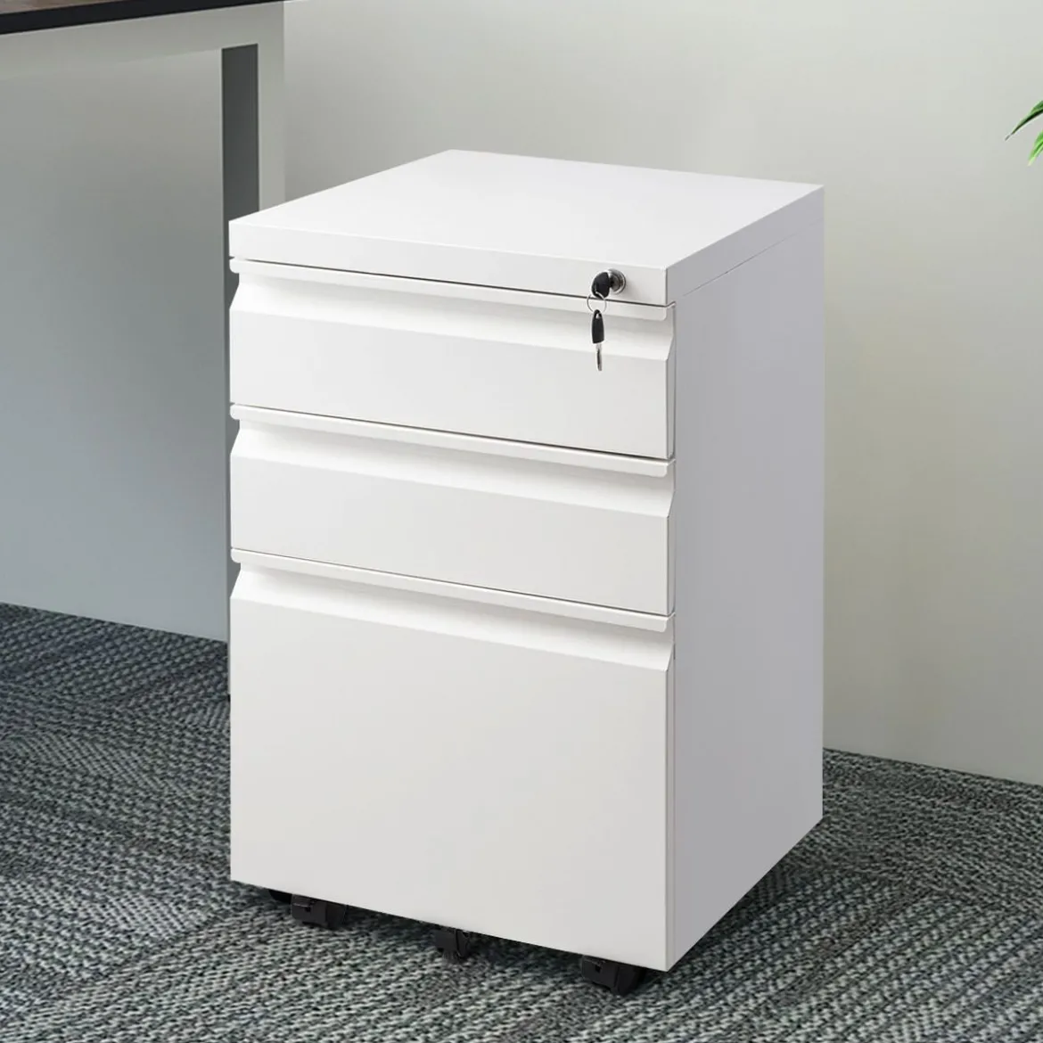 Rollcontainer abschließbarer Büroschrank Aktenschrank mit Kippschutz Bürocontainer mit 3 Schubladen Weiß