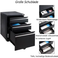 Rollcontainer abschließbarer Büroschrank Aktenschrank mit Kippschutz Bürocontainer mit 3 Schubladen Schwarz