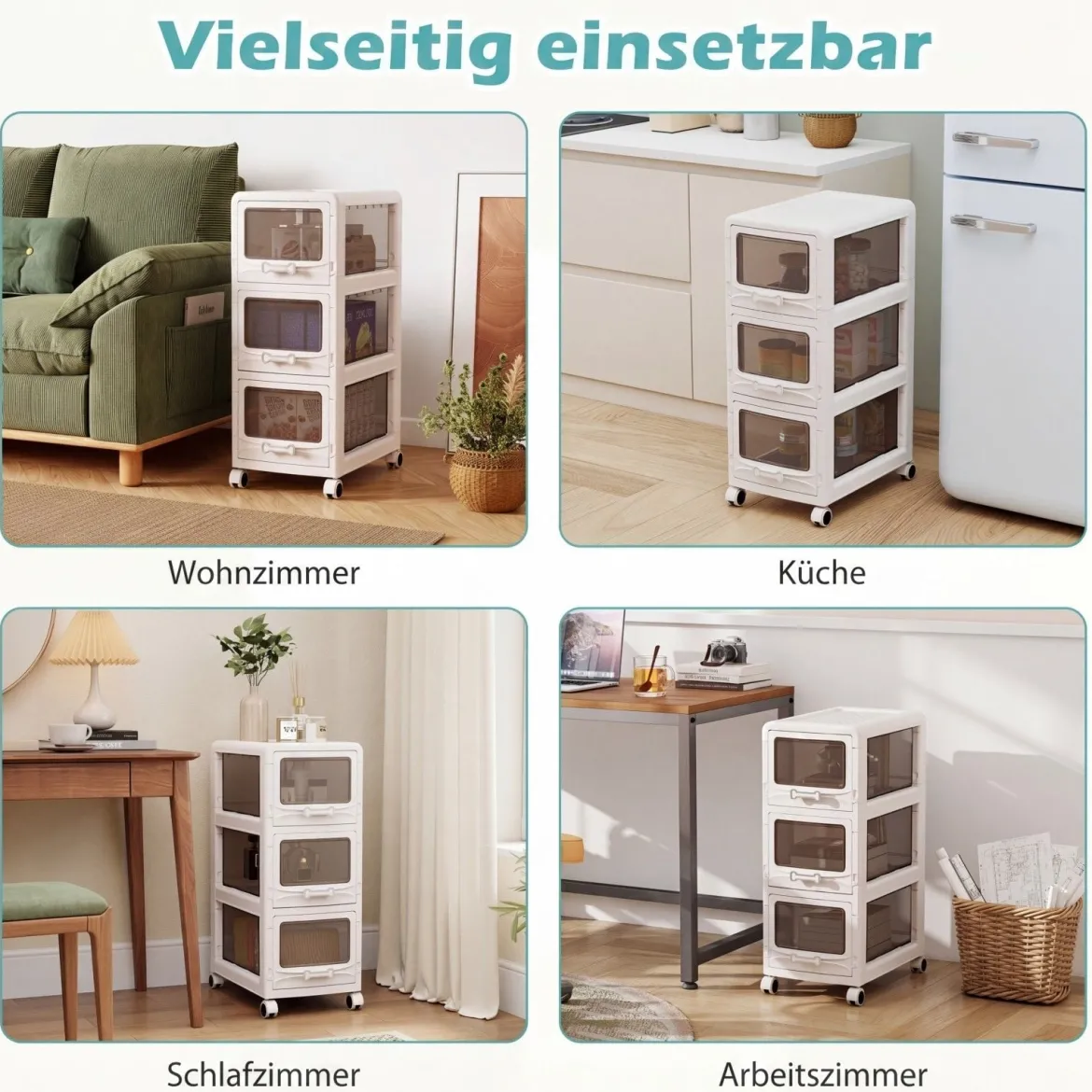 Rollcontainer mit 3 Schubladen Kunststoff Aufbewahrungswagen mit PU-Rollen 42 x 28 x 70,5 cm Weiß