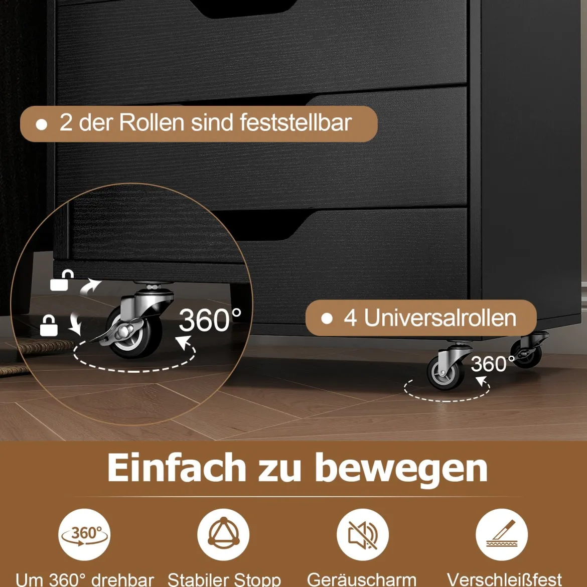 Rollcontainer mit 7 Schubladen mobiler Aktenschrank mit Rädern Bürocontainer Schubladenschrank Schwarz