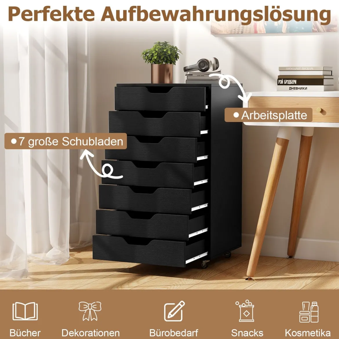 Rollcontainer mit 7 Schubladen mobiler Aktenschrank mit Rädern Bürocontainer Schubladenschrank Schwarz