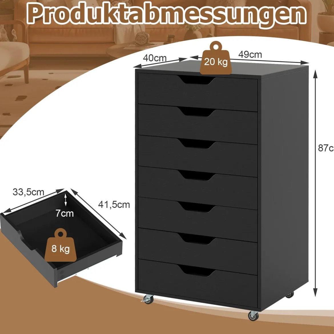 Rollcontainer mit 7 Schubladen mobiler Aktenschrank mit Rädern Bürocontainer Schubladenschrank Schwarz