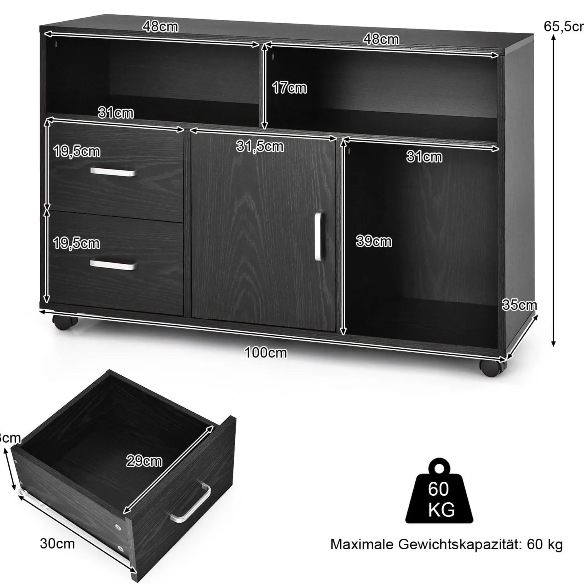 Rollcontainer mit 2 Schubladen & 3 Offenen Fächern Mobiler Aktenschrank Büroschrank