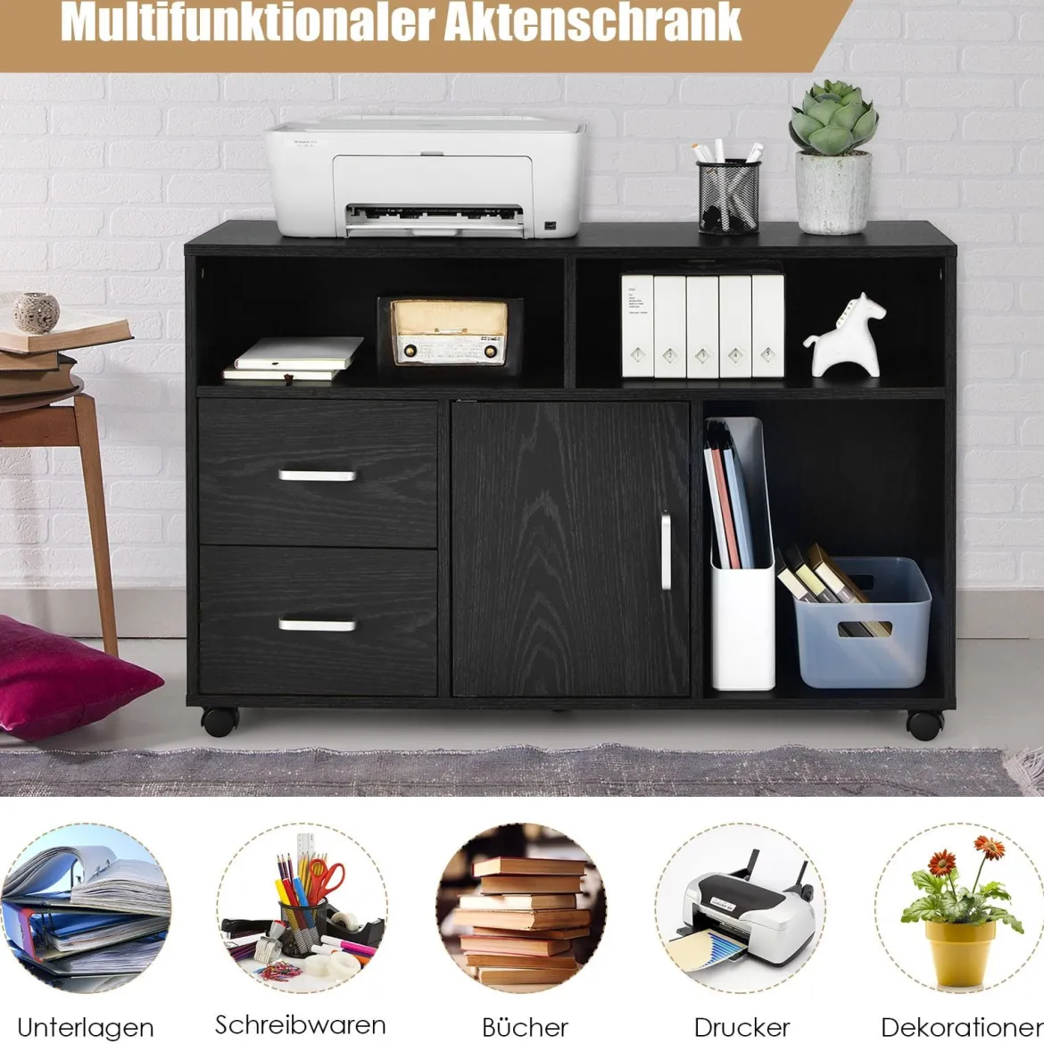 Rollcontainer mit 2 Schubladen & 3 Offenen Fächern Mobiler Aktenschrank Büroschrank