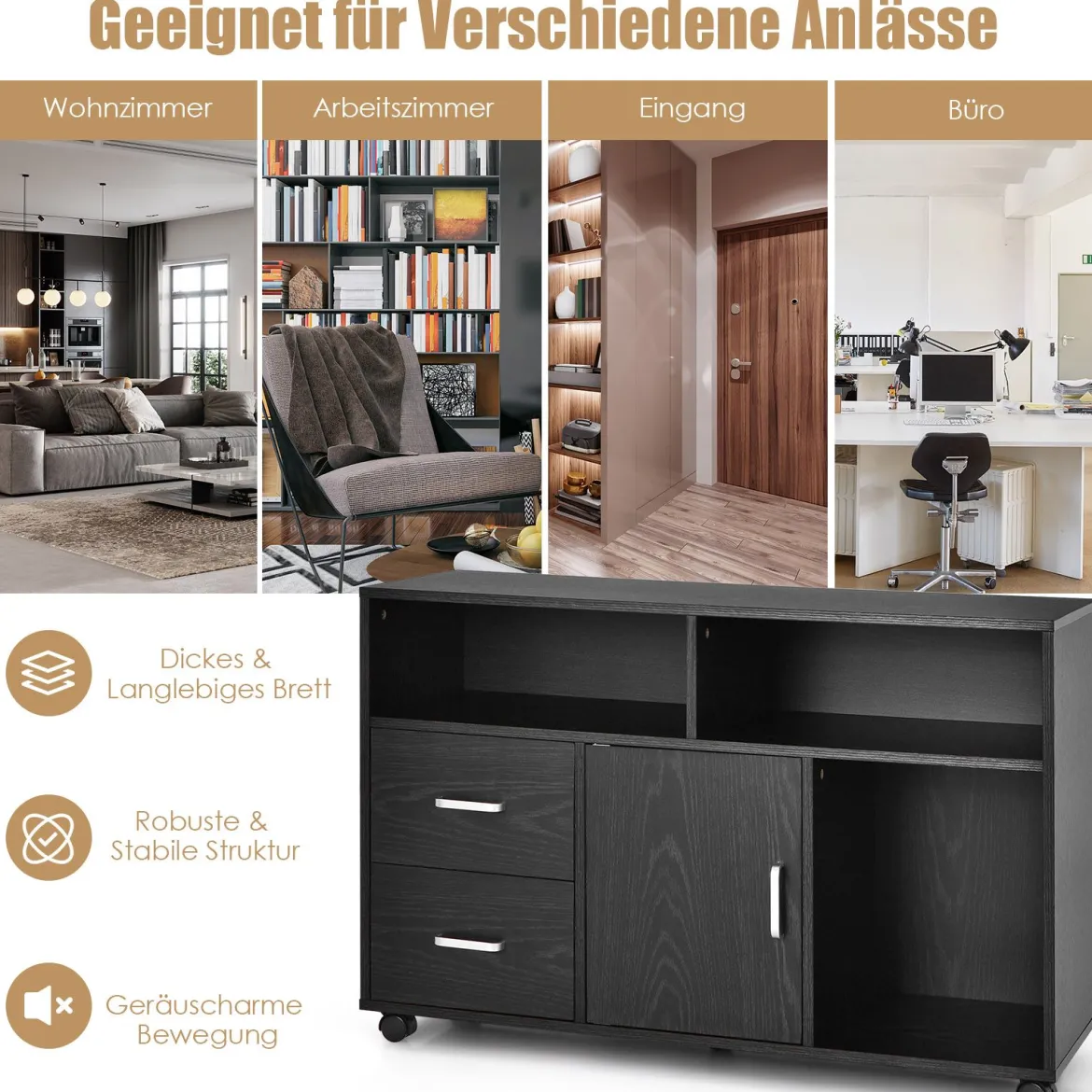 Rollcontainer mit 2 Schubladen & 3 Offenen Fächern Mobiler Aktenschrank Büroschrank