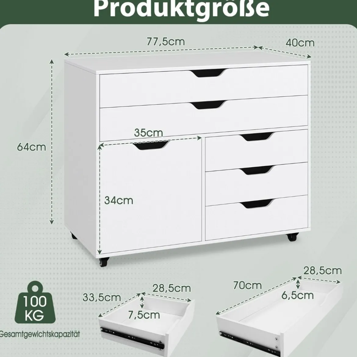 Rollcontainer mit 5 Schubladen & Schrank Mobiler Aktenschrank Schubladenschrank Bürocontainer Weiß