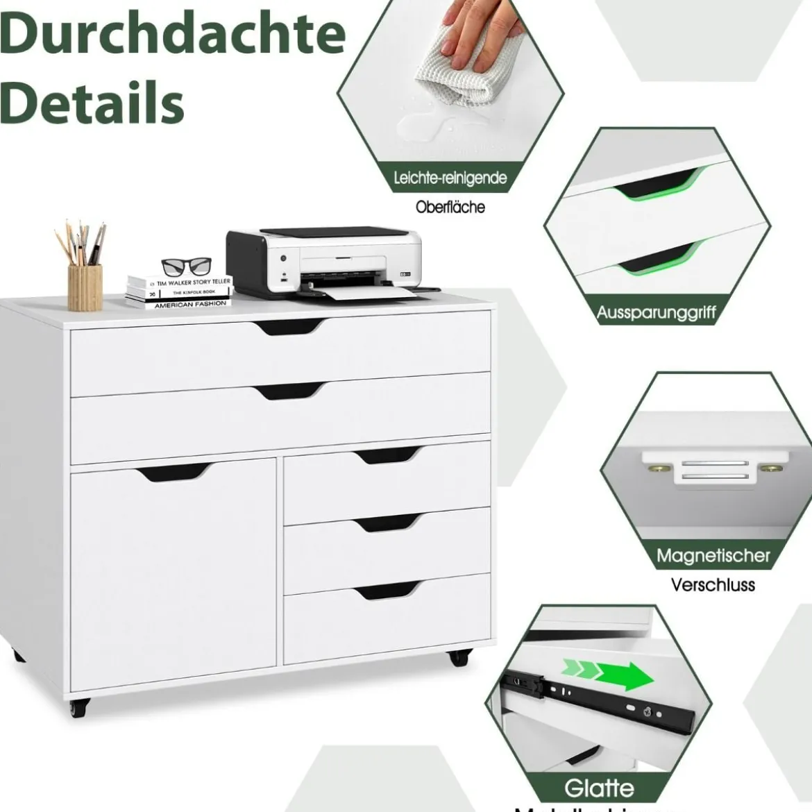 Rollcontainer mit 5 Schubladen & Schrank Mobiler Aktenschrank Schubladenschrank Bürocontainer Weiß