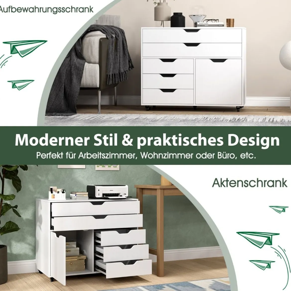 Rollcontainer mit 5 Schubladen & Schrank Mobiler Aktenschrank Schubladenschrank Bürocontainer Weiß