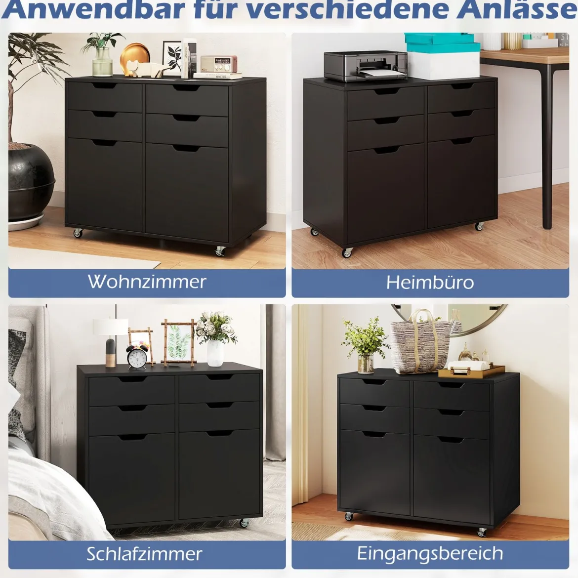 Rollcontainer mit 4 Schubladen & 2 Türen Aktenschrank mit Rollen Druckerständer Schwarz