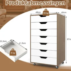 Rollcontainer mit 7 Schubladen mobiler Aktenschrank mit Rädern Bürocontainer Natur