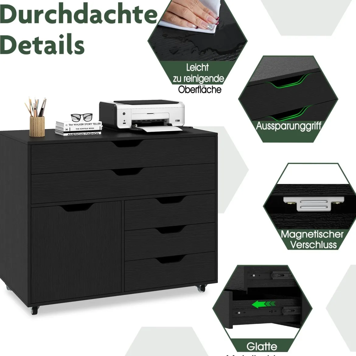 Rollcontainer mit 5 Schubladen & Schrank Mobiler Aktenschrank Schubladenschrank Bürocontainer Schwarz