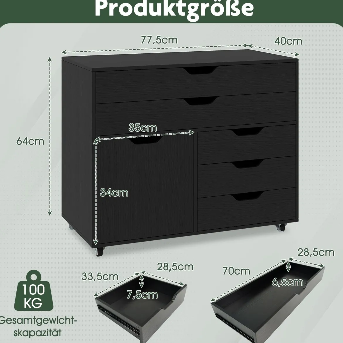 Rollcontainer mit 5 Schubladen & Schrank Mobiler Aktenschrank Schubladenschrank Bürocontainer Schwarz