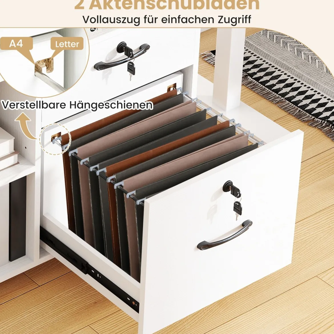 Rollcontainer mit 4 Schubladen mobiler Aktenschrank abschließbar mit verstellbarem Regal & offenen Fächern Weiß