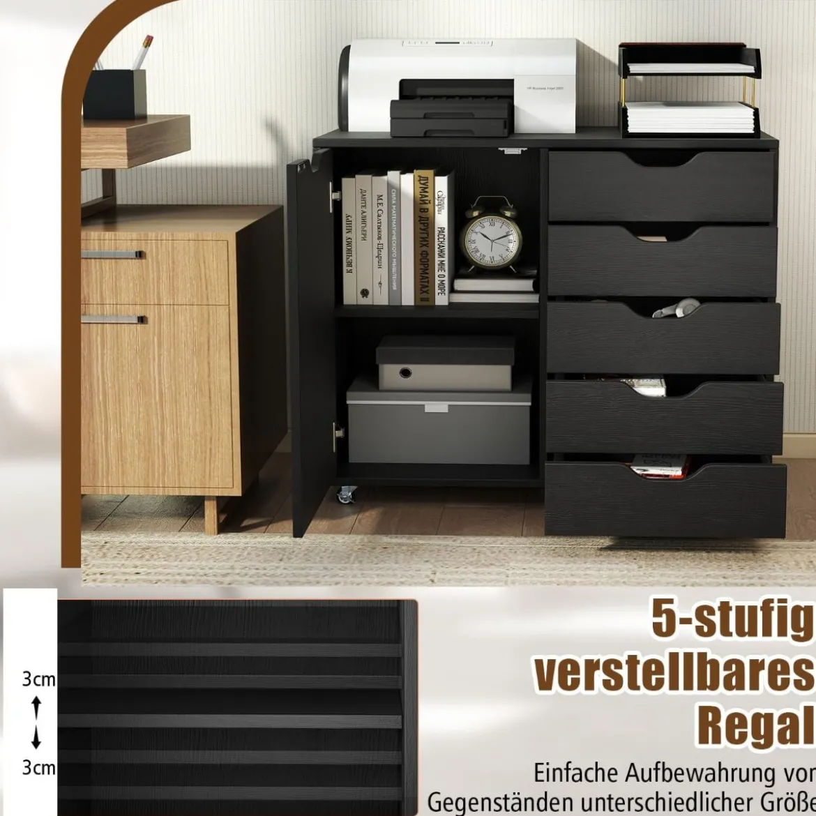 Rollcontainer mit 5 Schubladen & Tür & Arbeitsplatte & Rollen Mobiler Aktenschrank