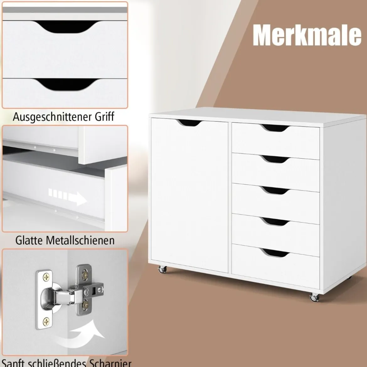 Rollcontainer mit 5 Schubladen & Tür & Arbeitsplatte & Rollen Mobiler Aktenschrank