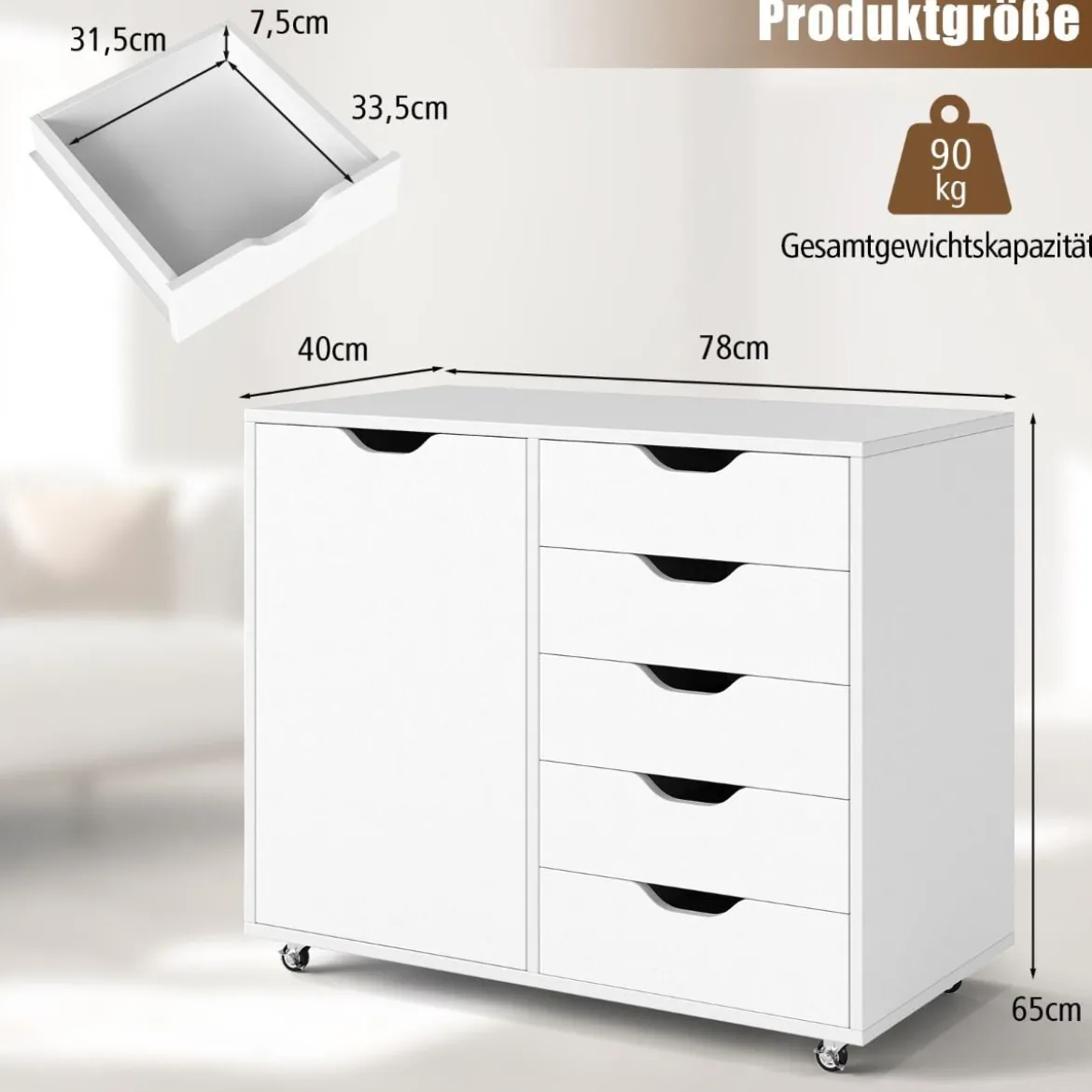 Rollcontainer mit 5 Schubladen & Tür & Arbeitsplatte & Rollen Mobiler Aktenschrank
