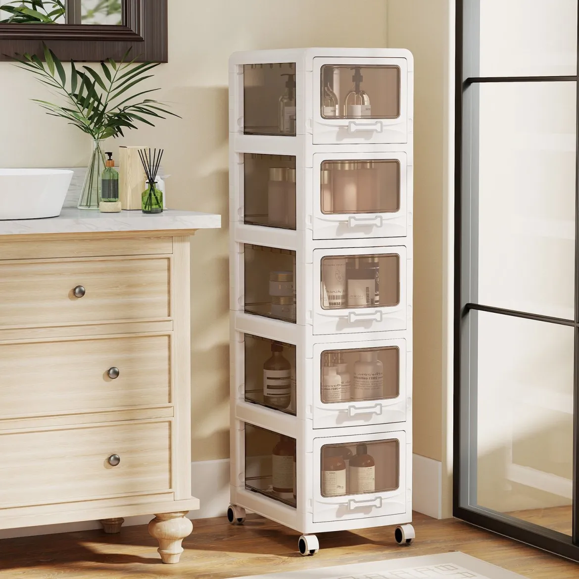 Rollcontainer mit 5 Schubladen Kunststoff Aufbewahrungswagen mit PU-Rollen 42 x 28 x 112,5 cm Weiß