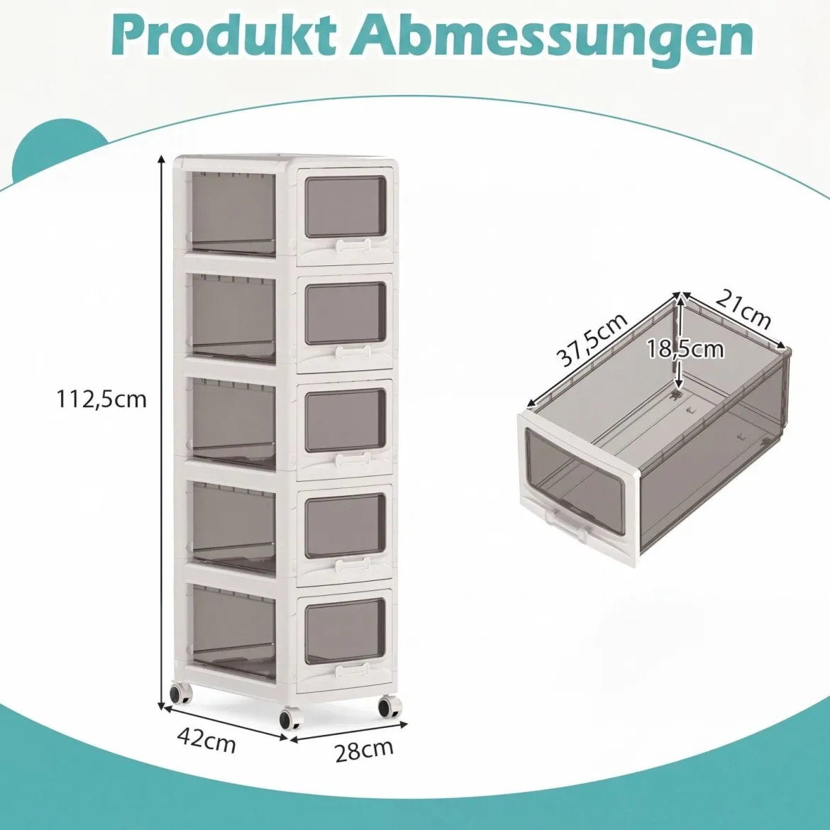 Rollcontainer mit 5 Schubladen Kunststoff Aufbewahrungswagen mit PU-Rollen 42 x 28 x 112,5 cm Weiß
