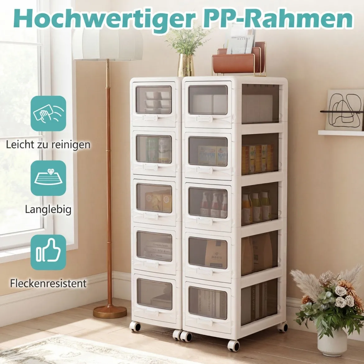 Rollcontainer mit 5 Schubladen Kunststoff Aufbewahrungswagen mit PU-Rollen 42 x 28 x 112,5 cm Weiß