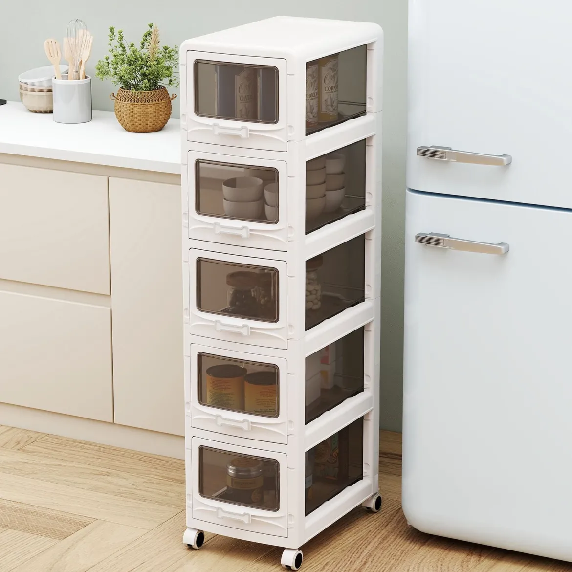 Rollcontainer mit 5 Schubladen Kunststoff Aufbewahrungswagen mit PU-Rollen 42 x 28 x 112,5 cm Weiß