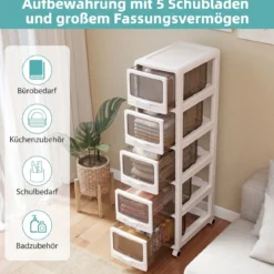 Rollcontainer mit 5 Schubladen Kunststoff Aufbewahrungswagen mit PU-Rollen 42 x 28 x 112,5 cm Weiß