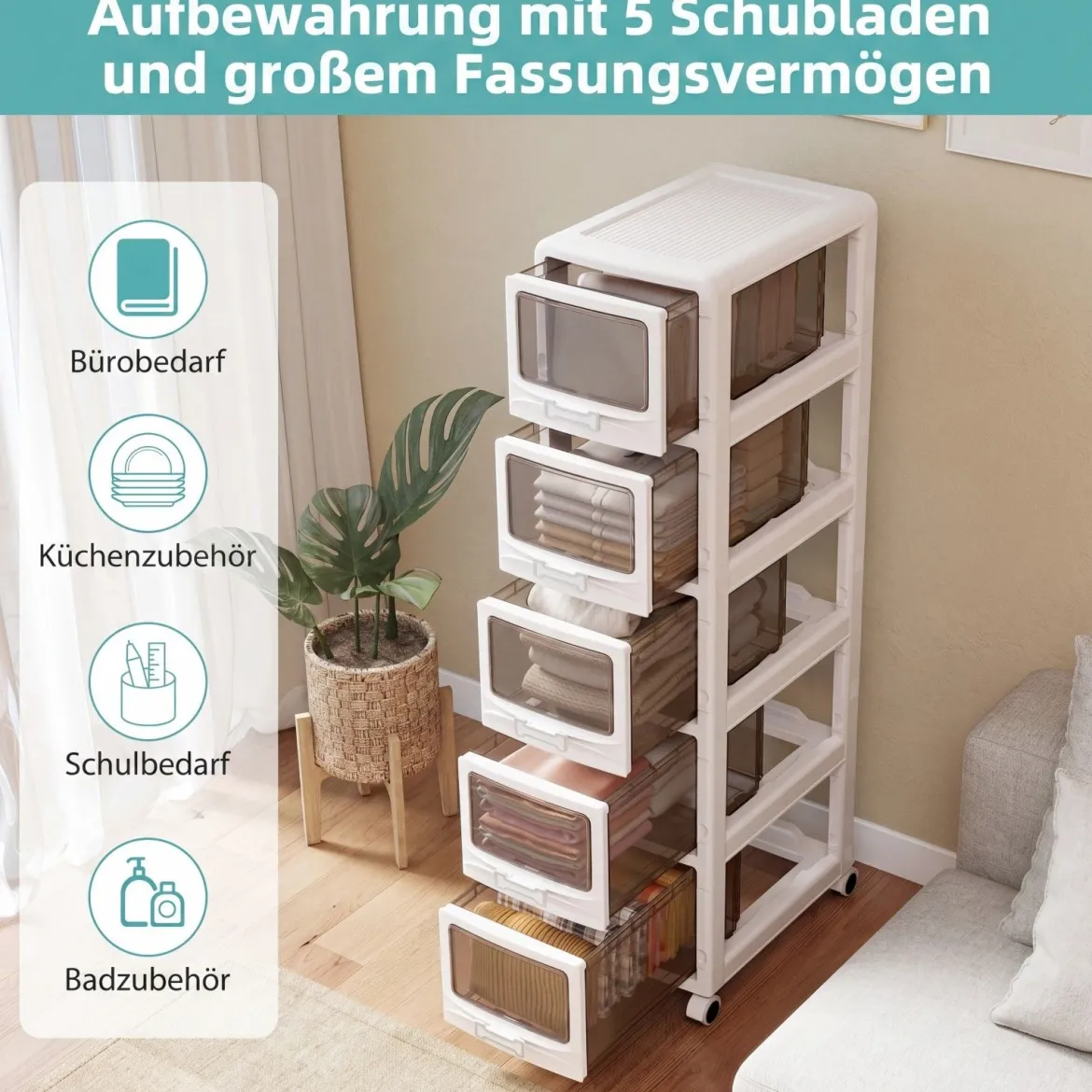Rollcontainer mit 5 Schubladen Kunststoff Aufbewahrungswagen mit PU-Rollen 42 x 28 x 112,5 cm Weiß