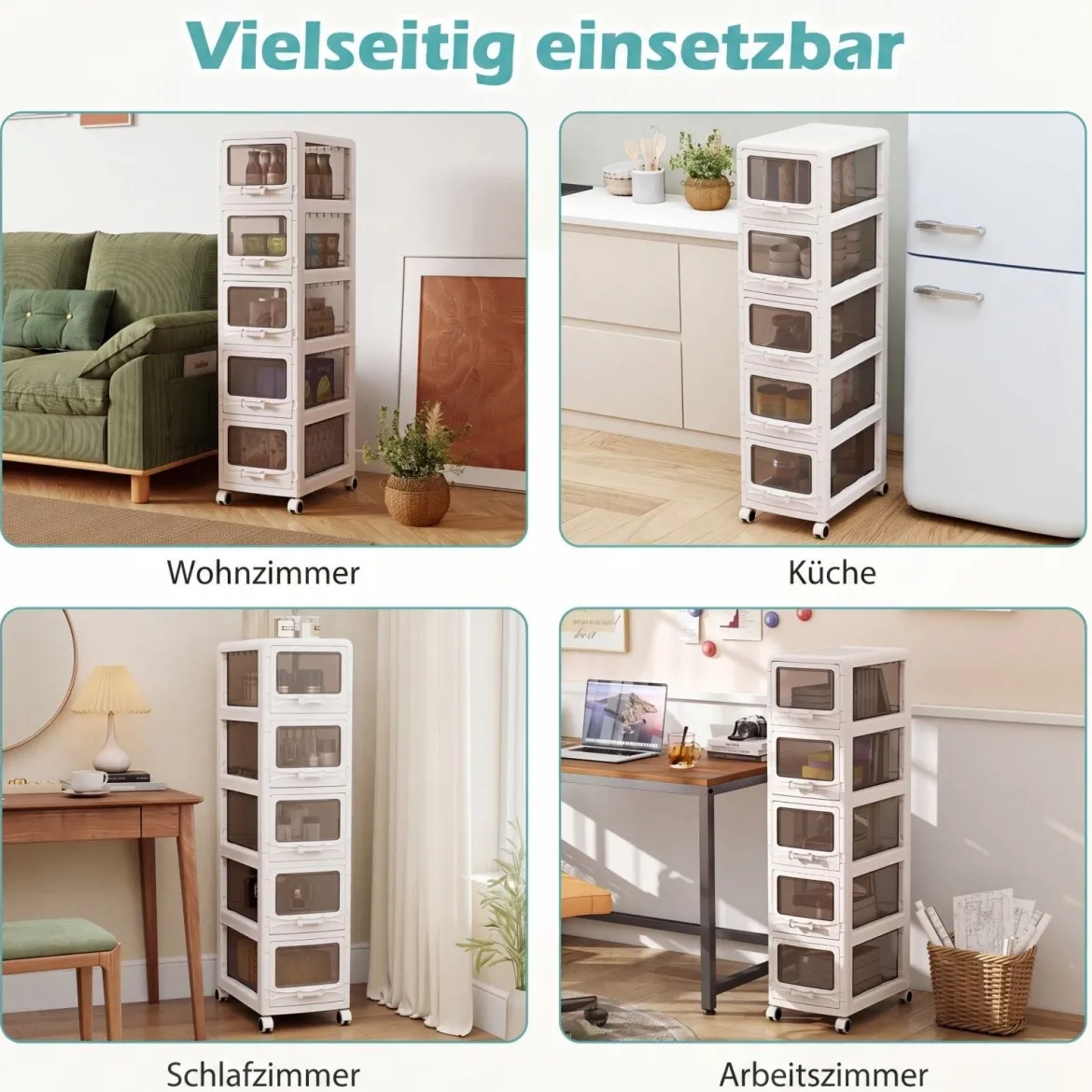 Rollcontainer mit 5 Schubladen Kunststoff Aufbewahrungswagen mit PU-Rollen 42 x 28 x 112,5 cm Weiß