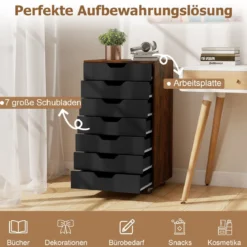 Rollcontainer mit 7 Schubladen mobiler Aktenschrank mit Rädern Bürocontainer Rustikales Braun
