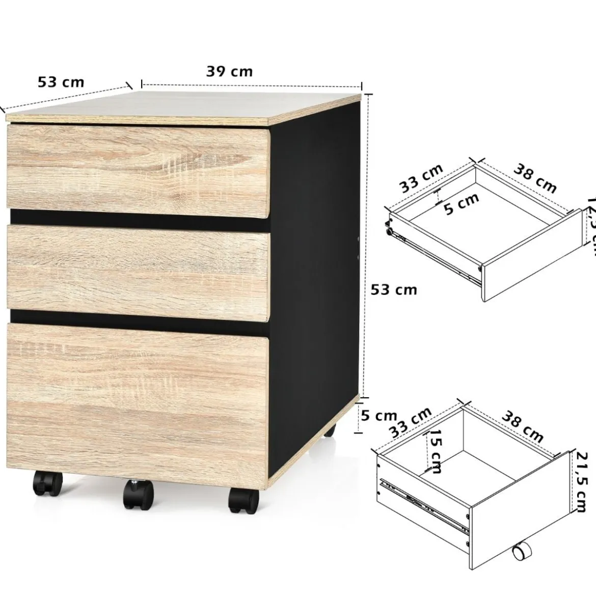 Rollcontainer mit 3 Schubladen Büroschrank für Dokumente und Briefe mit Rädern Natur