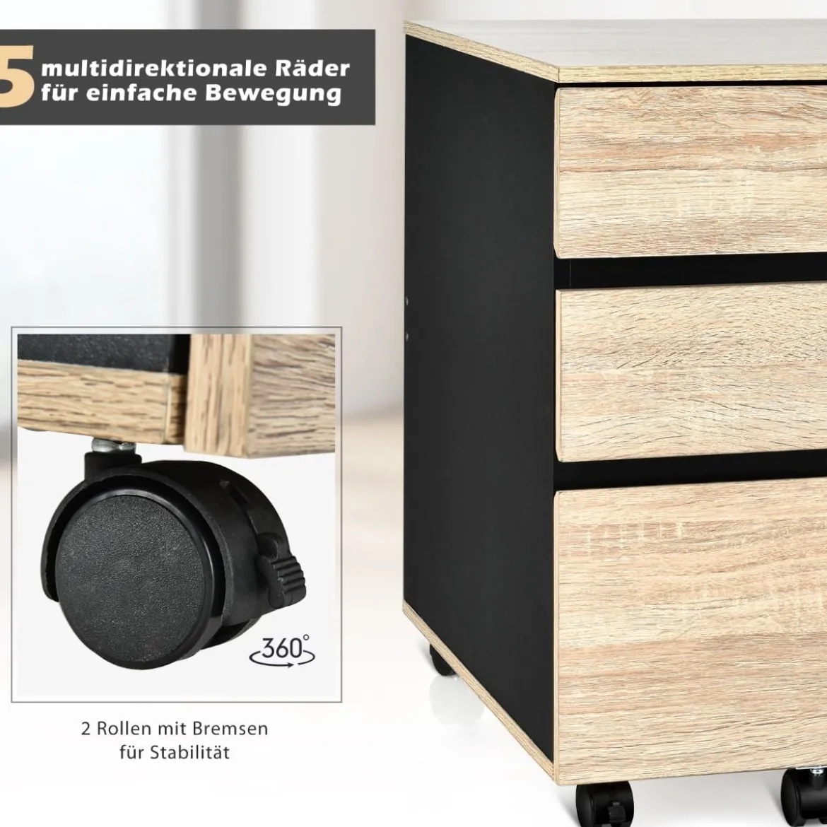 Rollcontainer mit 3 Schubladen Büroschrank für Dokumente und Briefe mit Rädern Natur
