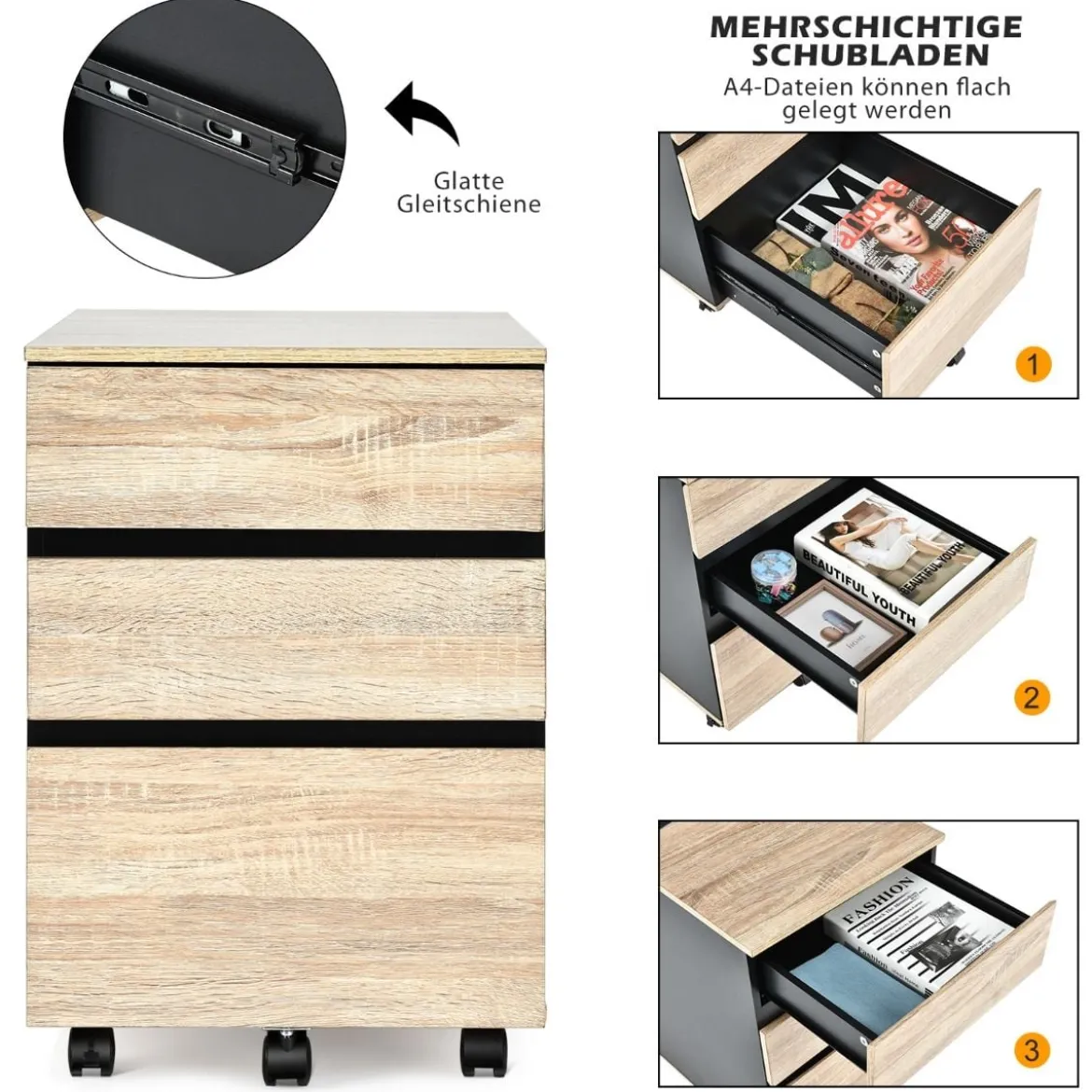 Rollcontainer mit 3 Schubladen Büroschrank für Dokumente und Briefe mit Rädern Natur