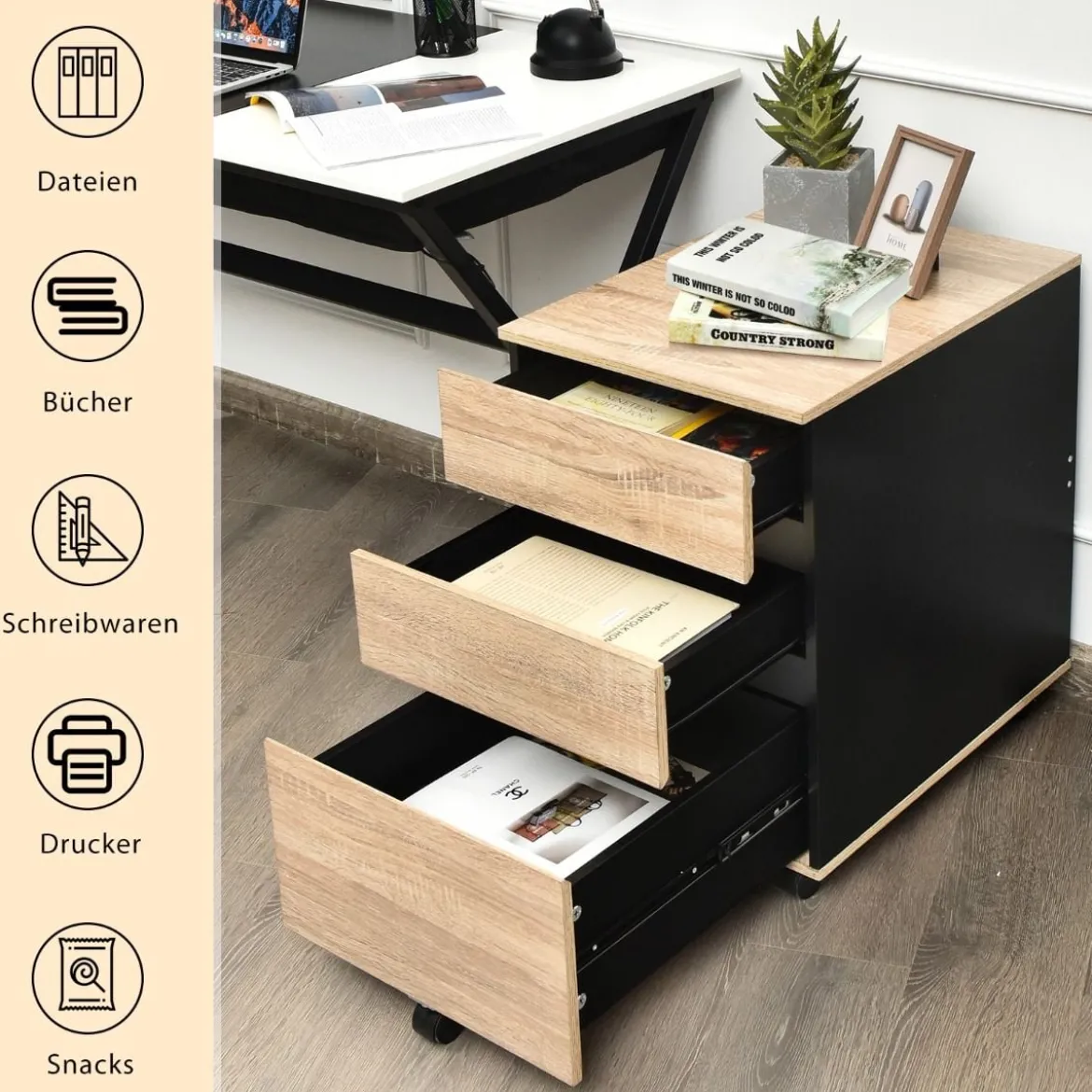 Rollcontainer mit 3 Schubladen Büroschrank für Dokumente und Briefe mit Rädern Natur