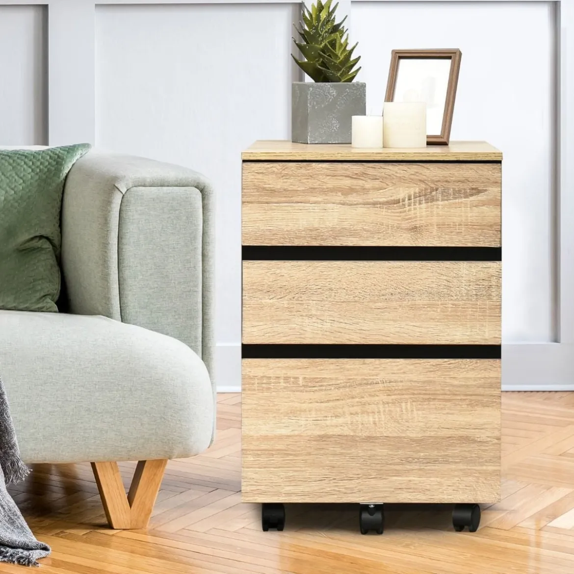 Rollcontainer mit 3 Schubladen Büroschrank für Dokumente und Briefe mit Rädern Natur
