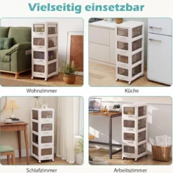 Rollcontainer mit 4 Schubladen Kunststoff Aufbewahrungswagen mit PU-Rollen 42 x 28 x 91,5 cm Weiß