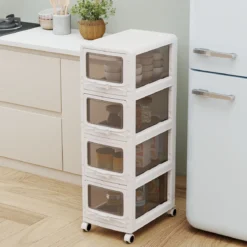 Rollcontainer mit 4 Schubladen Kunststoff Aufbewahrungswagen mit PU-Rollen 42 x 28 x 91,5 cm Weiß