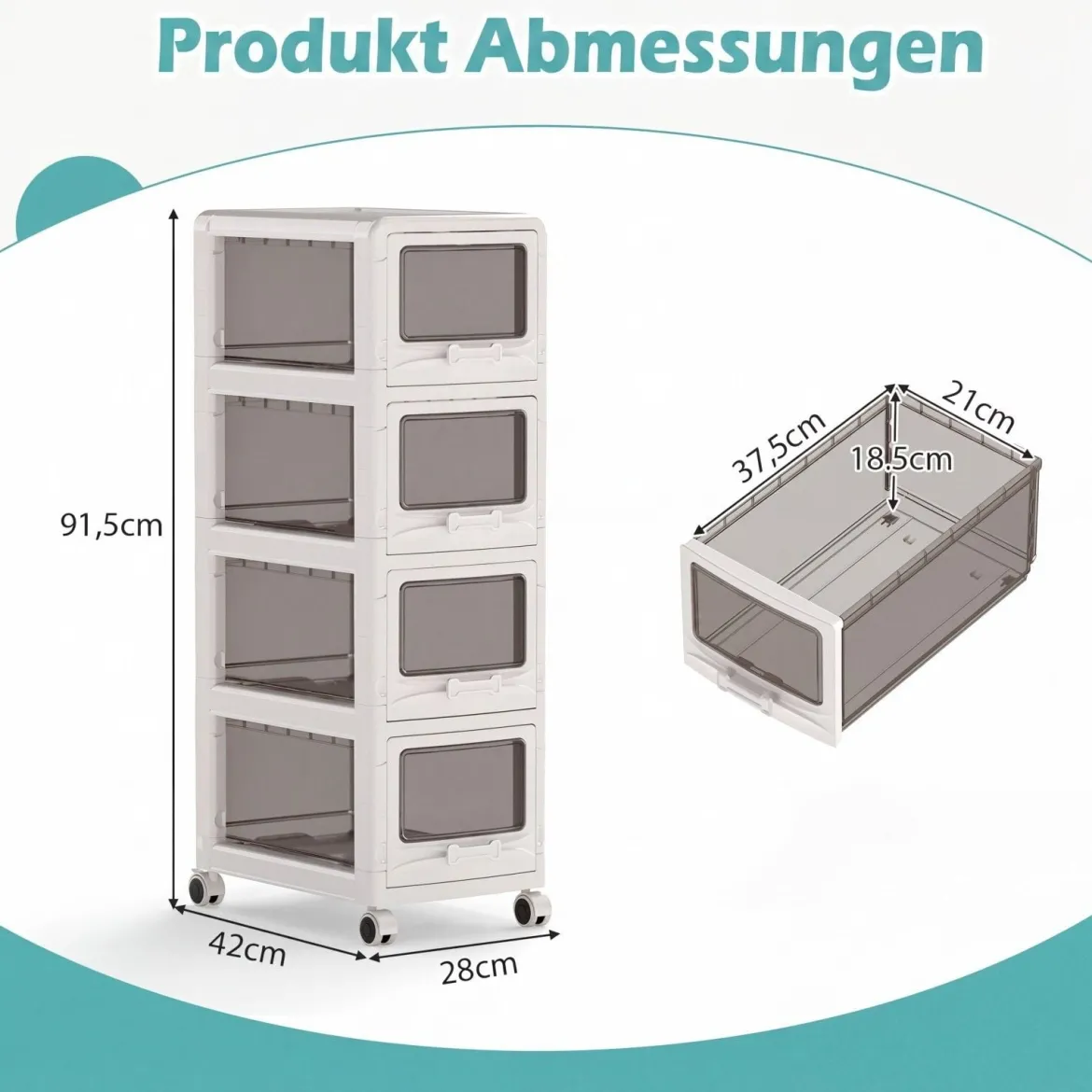 Rollcontainer mit 4 Schubladen Kunststoff Aufbewahrungswagen mit PU-Rollen 42 x 28 x 91,5 cm Weiß