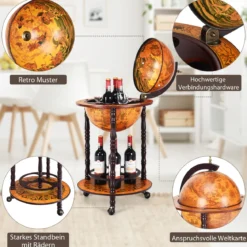 Rollender Globus-Weinständer Globus Bar auf Rollen für Wein 47 x 47 x 90 cm Braun