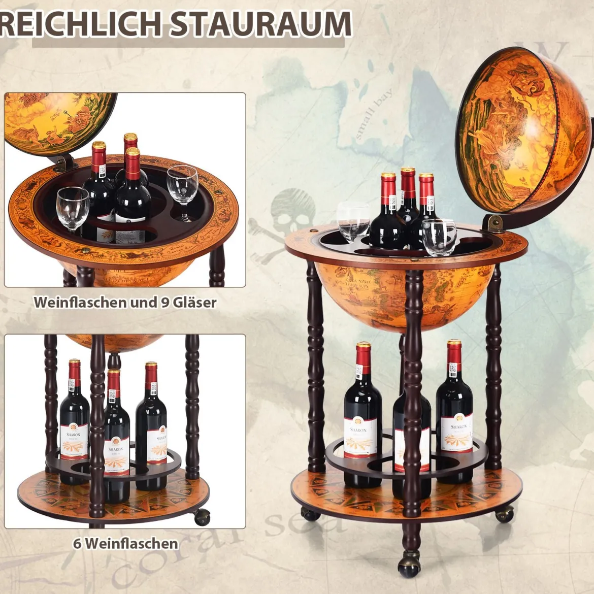 Rollender Globus-Weinständer Globus Bar auf Rollen für Wein 47 x 47 x 90 cm Braun