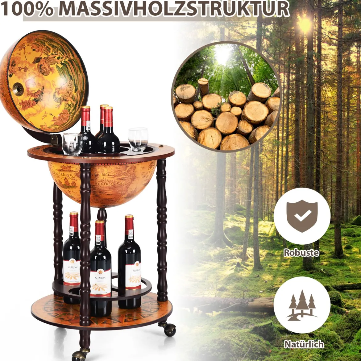 Rollender Globus-Weinständer Globus Bar auf Rollen für Wein 47 x 47 x 90 cm Braun