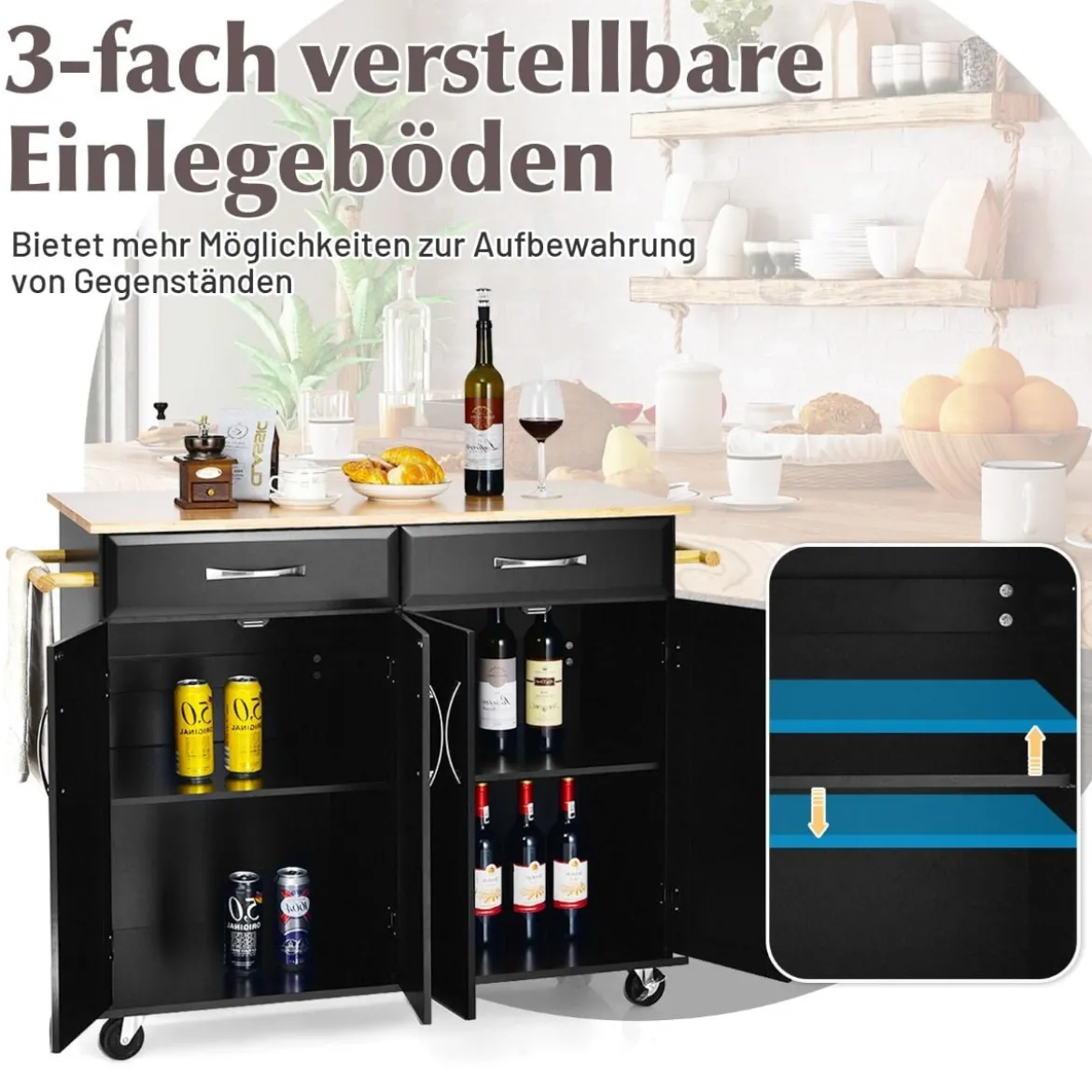 Rollender Kücheninselwagen mit Arbeitsplatte aus Gummiholz 4-türiger Servierwagen 122 x 48 x 92,5 cm